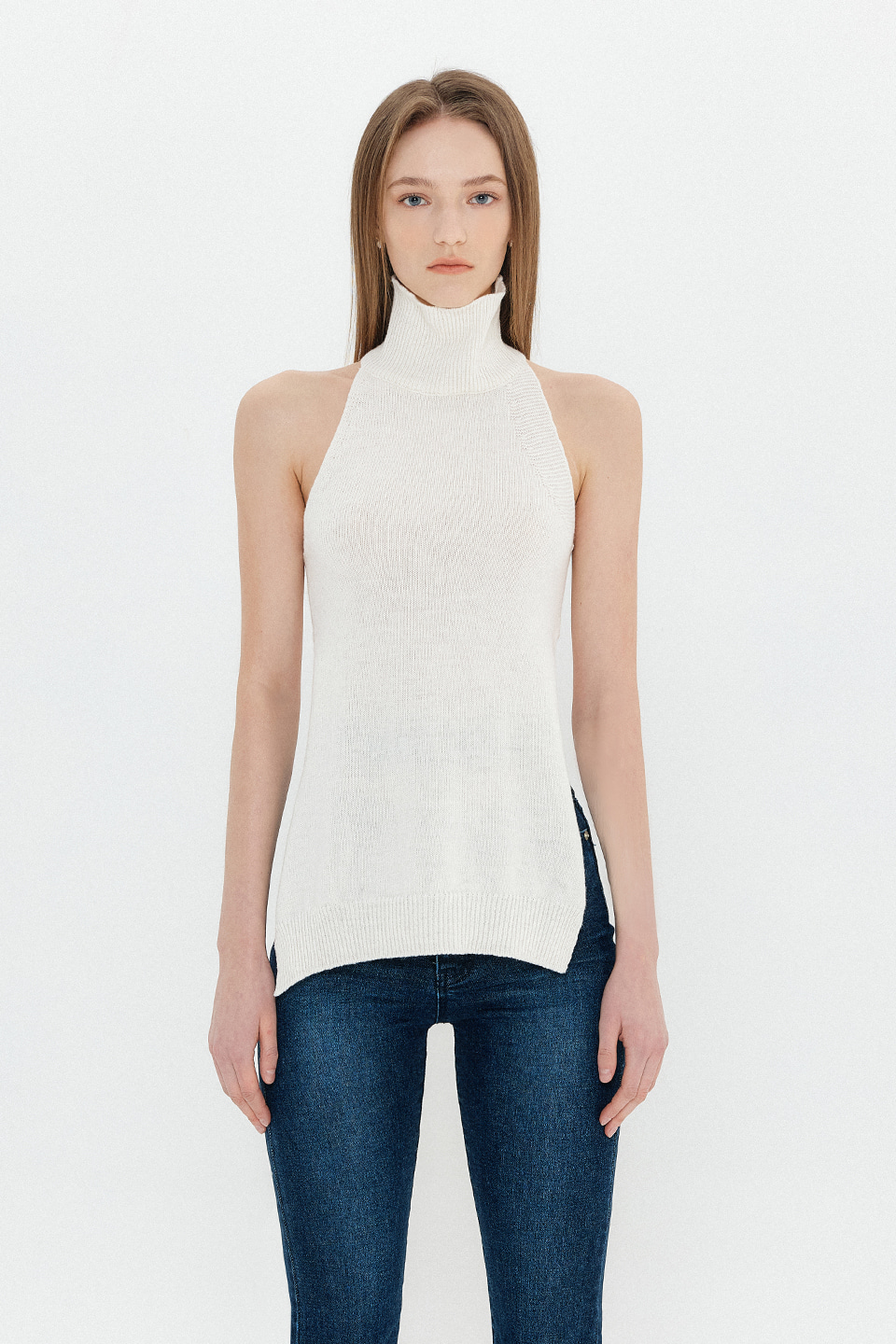 CASHMERE LAYERED HALTER POLA KNIT TOP - IVORY